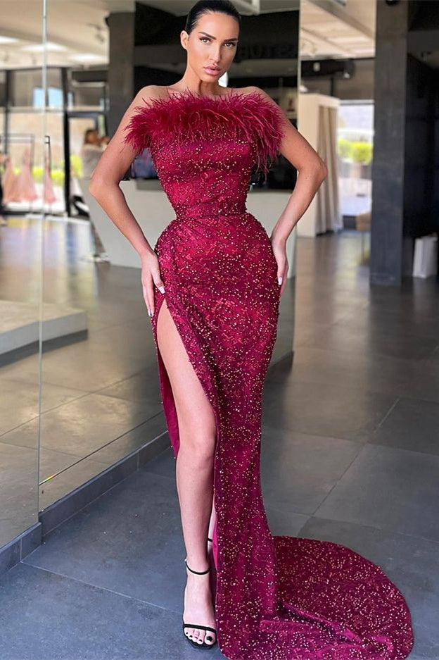 Stunning Burgundy Mermaid Prom Dress With Beads and Feathers-BallBride
