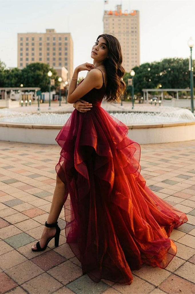 Stunning Burgundy Straps Tulle Prom Dress with Ruffles-BallBride