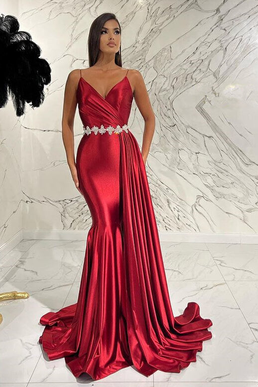 Stunning Burgundy V-Neck Mermaid Evening Dress With Ruffles-BallBride