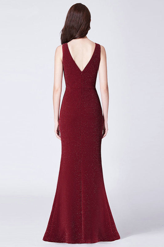 Stunning Burgundy V-Neck Sleeveless Long Prom Dress Online-BallBride