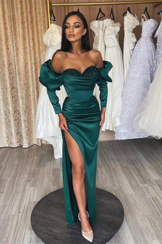 Stunning Dark Green Evening Dress with Off-the-Shoulder Mermaid Split and Long Sleeves-BallBride