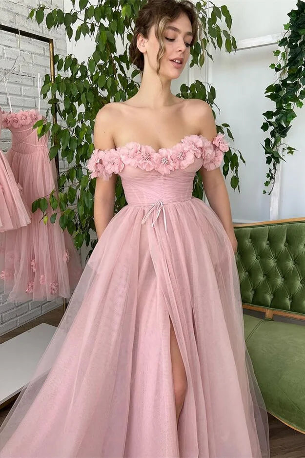 Stunning Dusty Pink Off-the-Shoulder Evening Dress Long Tulle With Flowers-BallBride