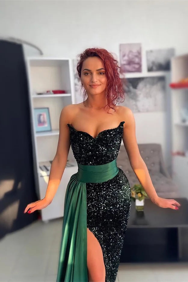 Stunning Emerald Green Sequins Mermaid Evening Dress Sweetheart Split With Ruffles-BallBride