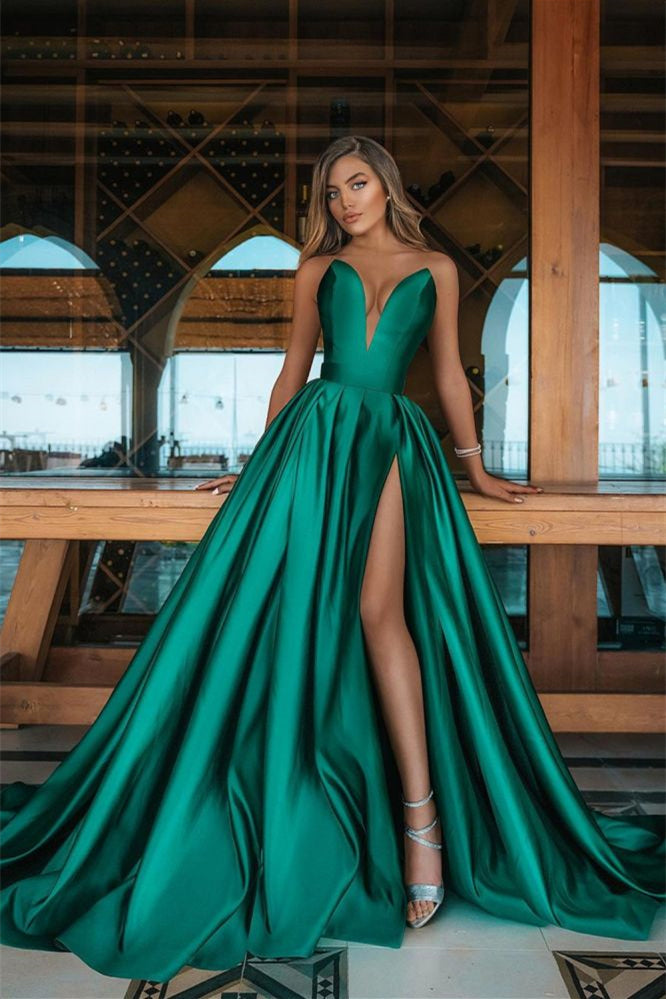 Stunning Emerald Green V-Neck Sleeveless Prom Dress With Split-BallBride