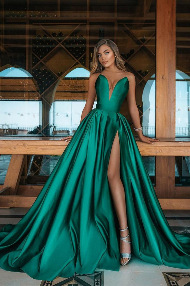 Stunning Emerald Green V-Neck Sleeveless Prom Dress With Split-BallBride