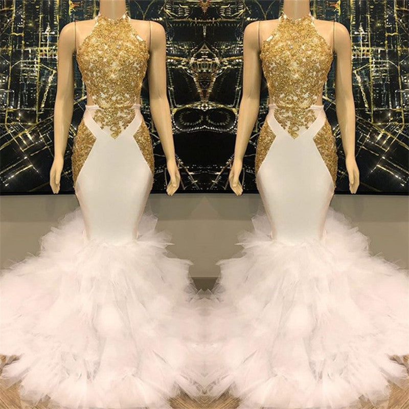 Stunning Gold Appliques High Neck Mermaid Prom Dress-BallBride
