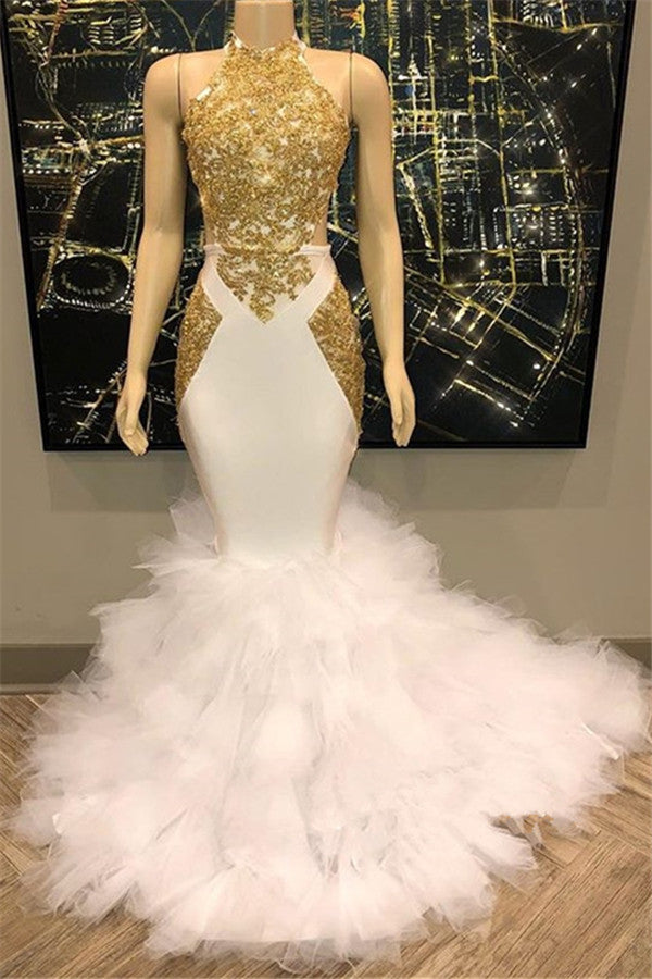 Stunning Gold Appliques High Neck Mermaid Prom Dress-BallBride