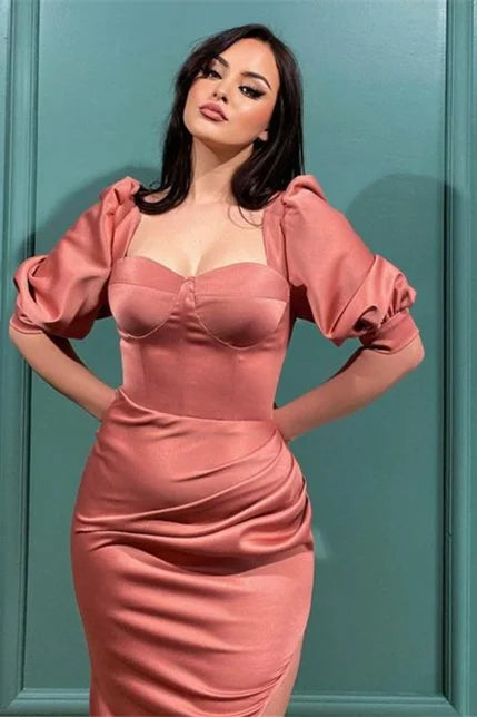 Stunning Half Sleeves Square Mermaid Long Evening Party Gowns With Side Slit-BallBride