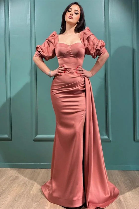 Stunning Half Sleeves Square Mermaid Long Evening Party Gowns With Side Slit-BallBride