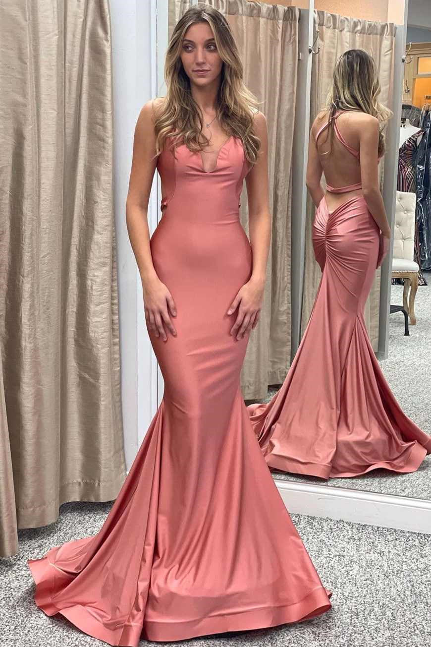 Stunning Halter Mermaid Prom Dress in Dusty Pink V-Neck Online-BallBride
