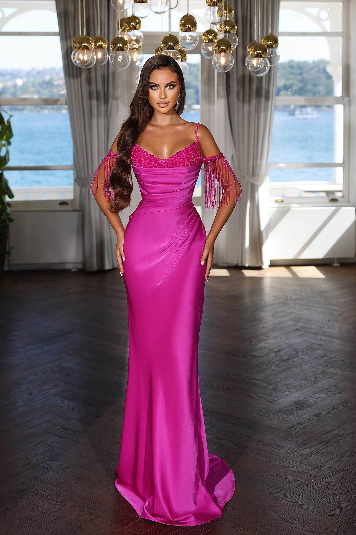 Stunning Hot Pink Long Mermaid Evening Dress with Sequins Tassels and Spaghetti Straps-BallBride