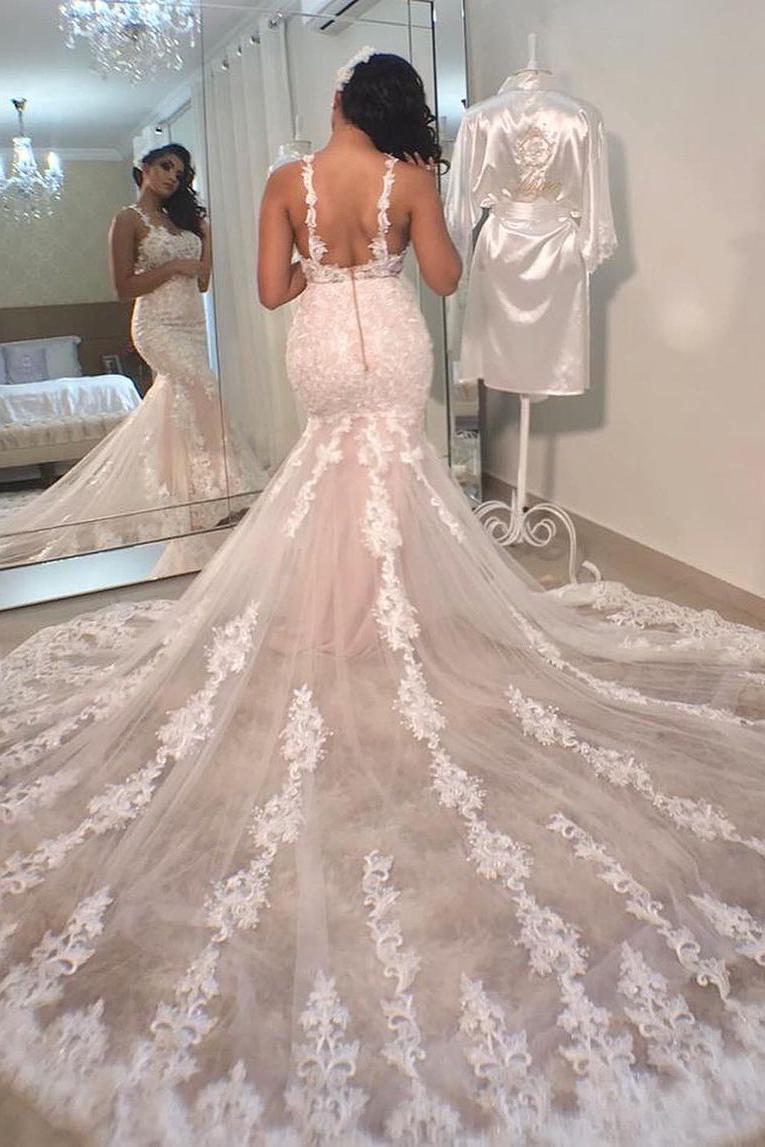 Stunning Lace Mermaid Wedding Dress With Open Back and Spaghetti Straps-BallBride
