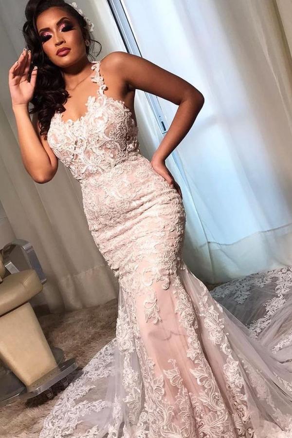 Stunning Lace Mermaid Wedding Dress With Open Back and Spaghetti Straps-BallBride