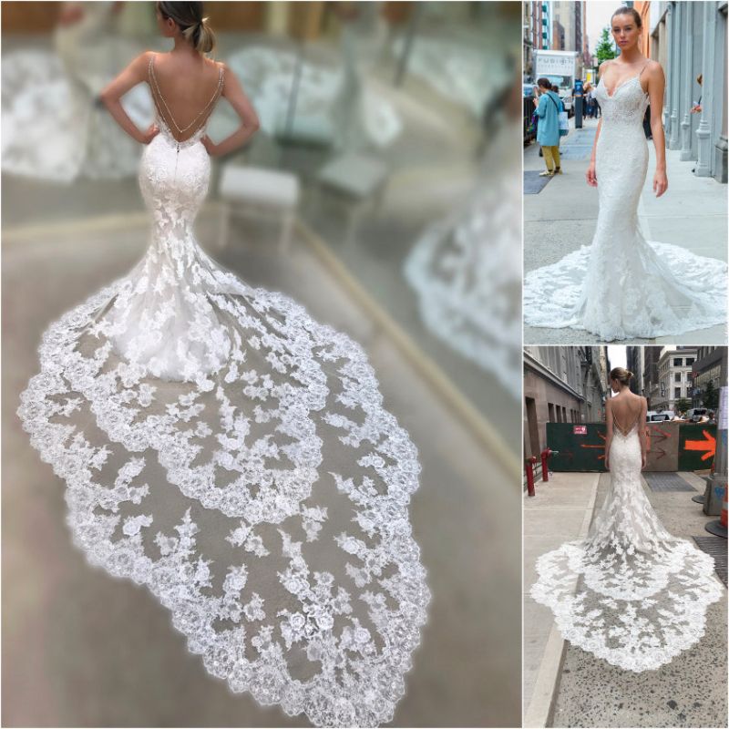 Stunning Lace Mermaid Wedding Dress with Spaghetti-Straps and Open Back-BallBride