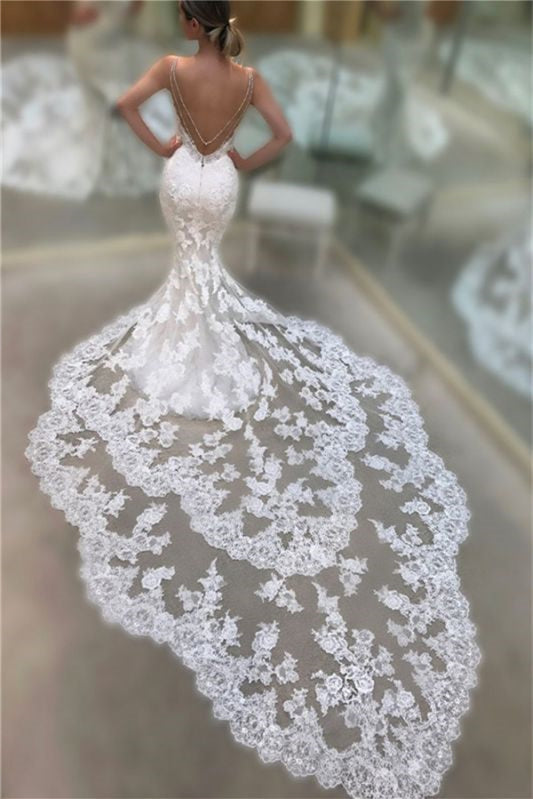 Stunning Lace Mermaid Wedding Dress with Spaghetti-Straps and Open Back-BallBride