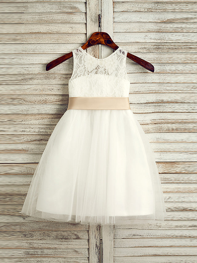 Stunning Lace Tulle Satin Chiffon Sleeveless Jewel Neck Tea Length Flower Girl Dress With Belt-BallBride