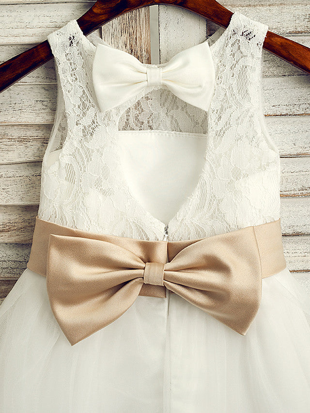 Stunning Lace Tulle Satin Chiffon Sleeveless Jewel Neck Tea Length Flower Girl Dress With Belt-BallBride