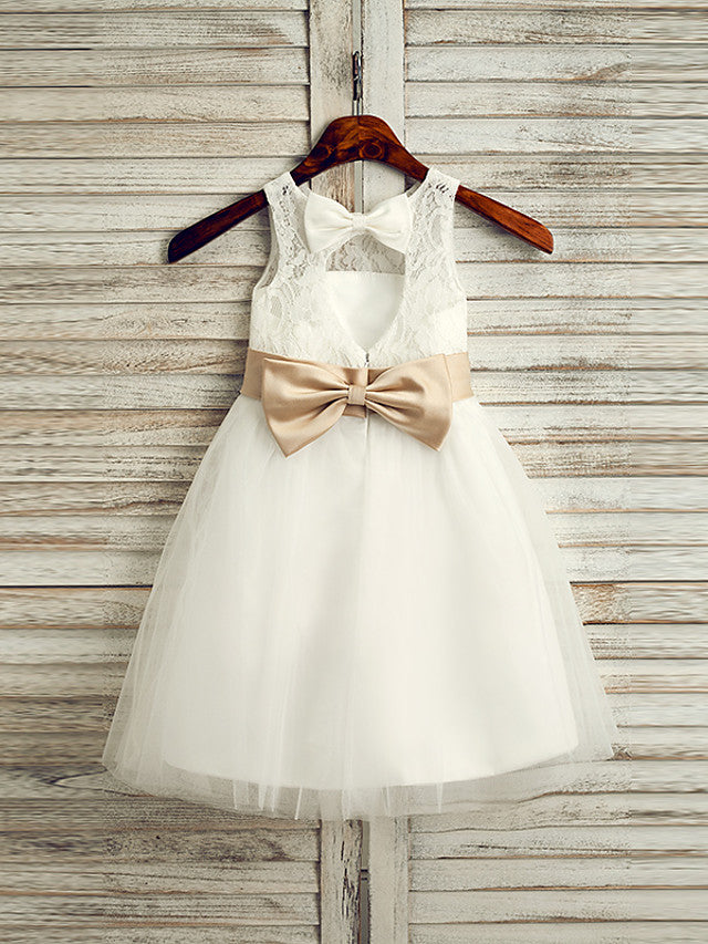 Stunning Lace Tulle Satin Chiffon Sleeveless Jewel Neck Tea Length Flower Girl Dress With Belt-BallBride