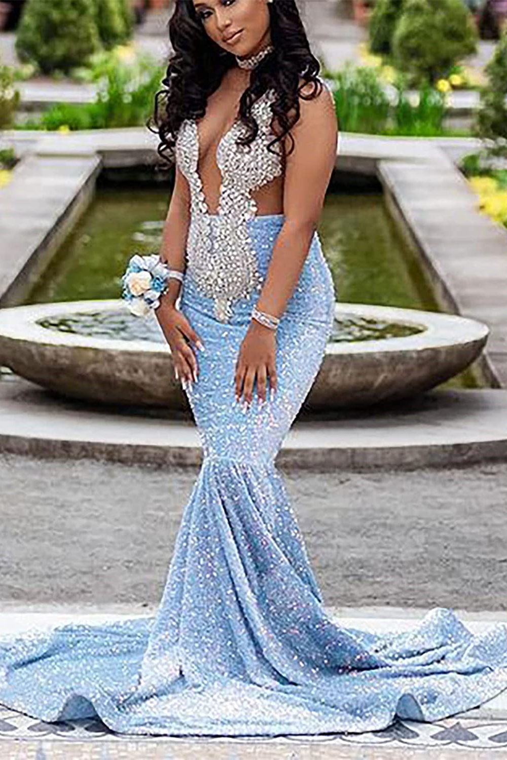 Stunning Light Blue Sequins Prom Dress with Crystal-BallBride