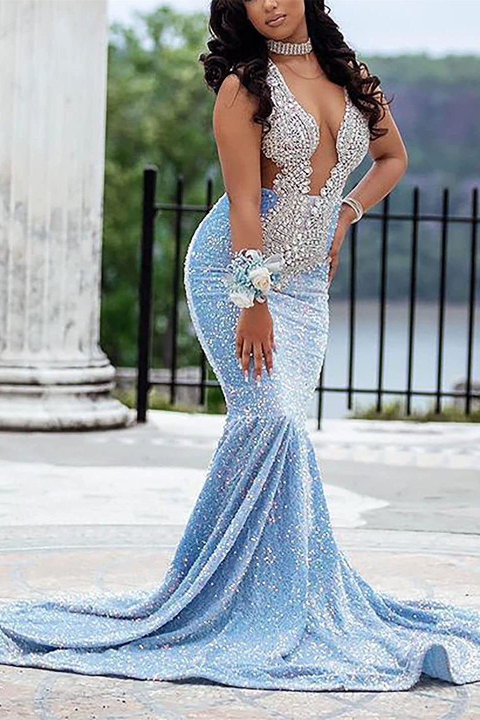 Stunning Light Blue Sequins Prom Dress with Crystal-BallBride