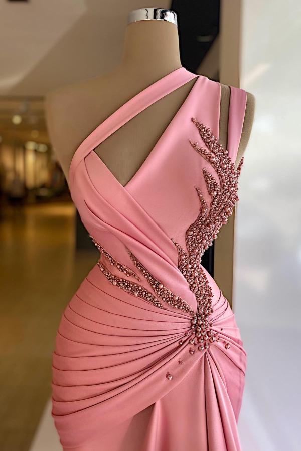 Stunning Long Mermaid One Shoulder Sleeveless Satin Beads Formal Prom Dresses-BallBride