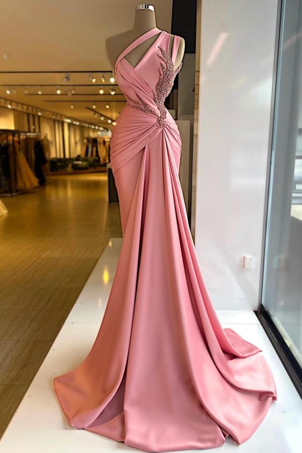 Stunning Long Mermaid One Shoulder Sleeveless Satin Beads Formal Prom Dresses-BallBride