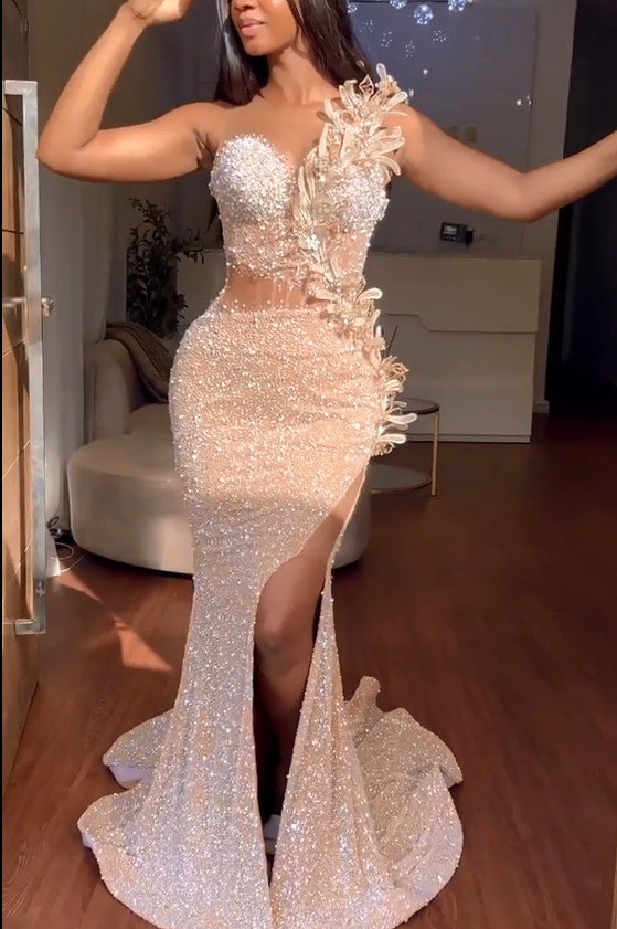 Stunning Long Mermaid Sweetheart Front Slit Prom Dress with Beaded Flowers-BallBride
