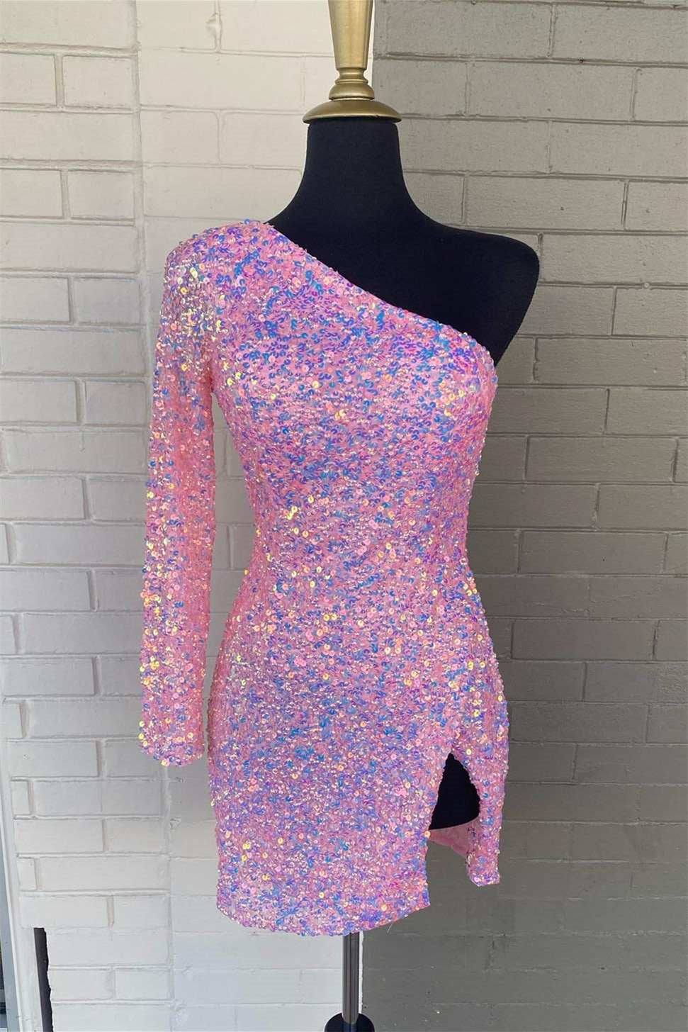 Stunning Long Sleeve One Shoulder Prom Dress with Sequins-BallBride