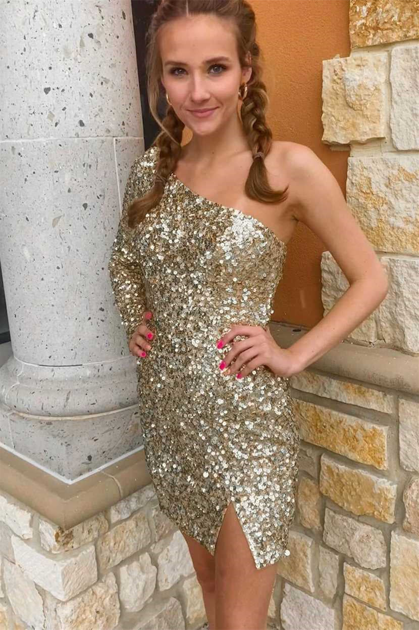 Stunning Long Sleeve One Shoulder Prom Dress with Sequins-BallBride