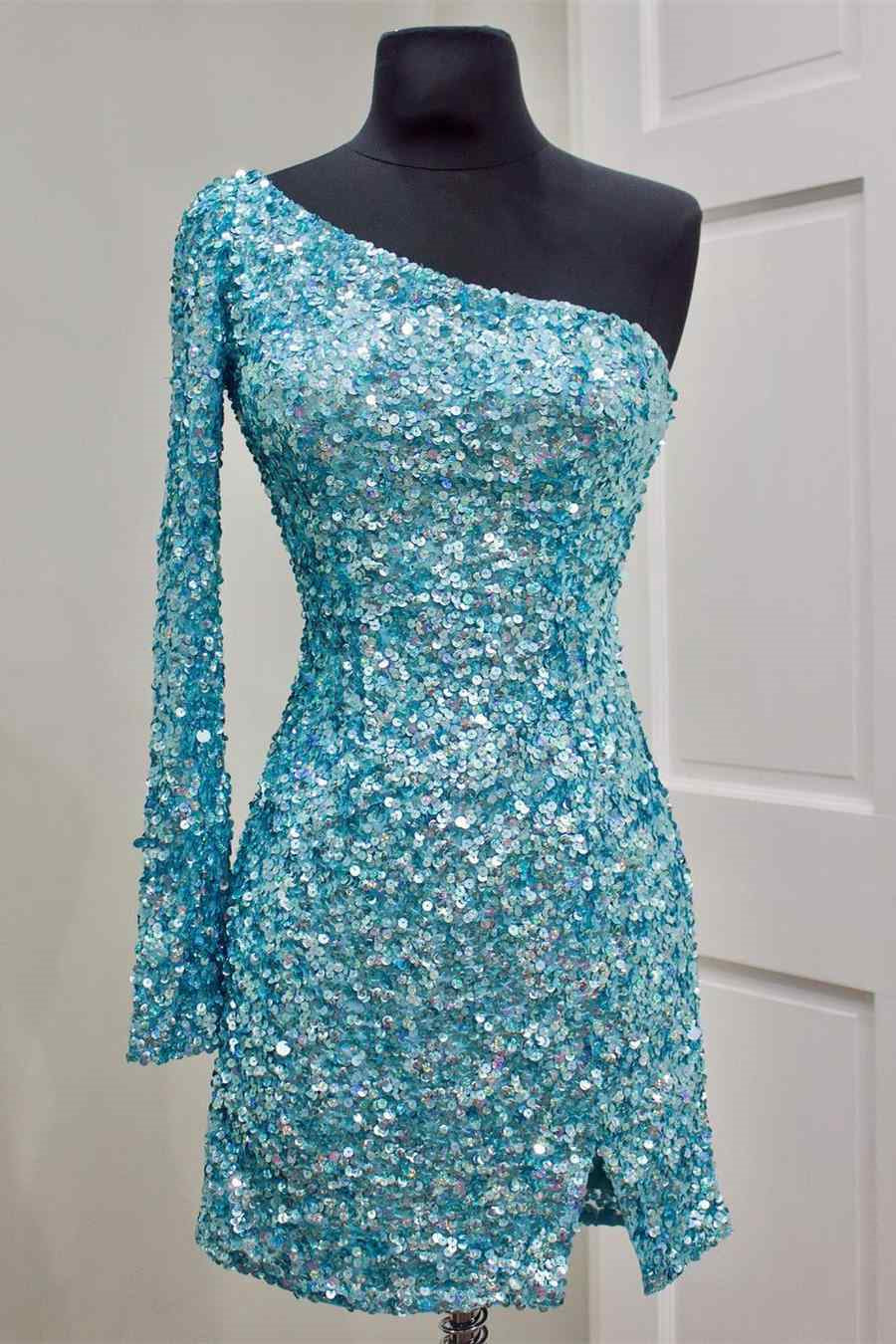 Stunning Long Sleeve One Shoulder Prom Dress with Sequins-BallBride