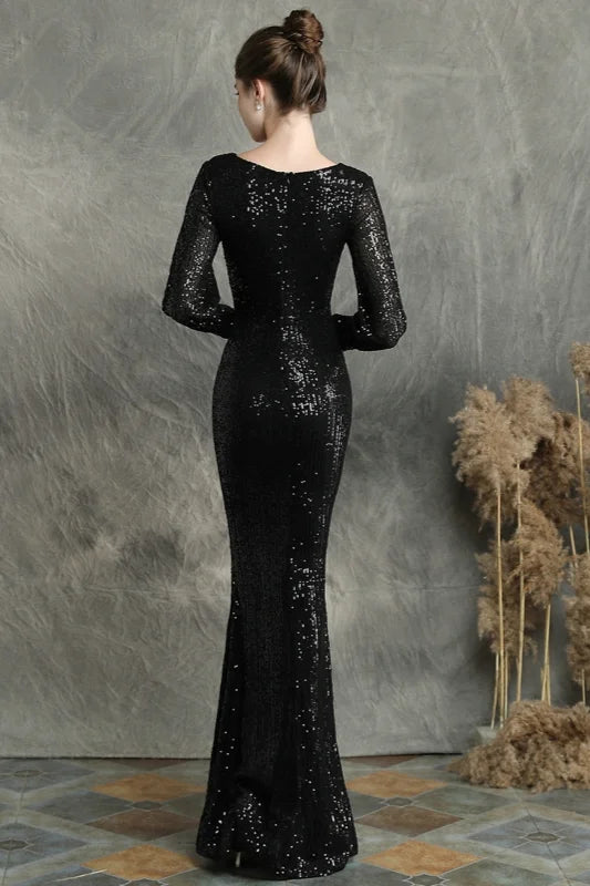 Stunning Long Sleeve Sequins Prom Dress Mermaid Evening Party Gowns-BallBride