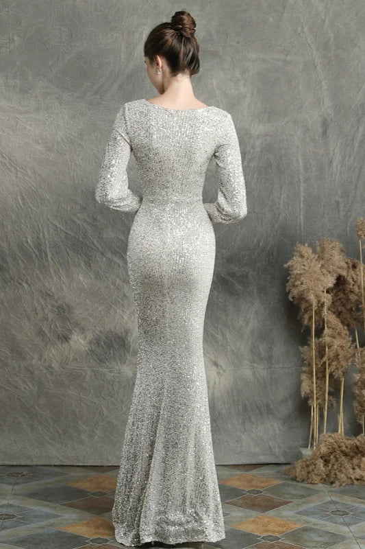 Stunning Long Sleeve Sequins Prom Dress Mermaid Evening Party Gowns-BallBride