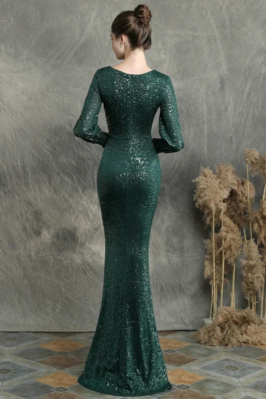 Stunning Long Sleeve Sequins Prom Dress Mermaid Evening Party Gowns-BallBride