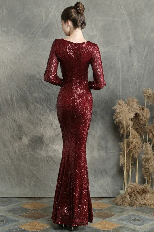 Stunning Long Sleeve Sequins Prom Dress Mermaid Evening Party Gowns-BallBride