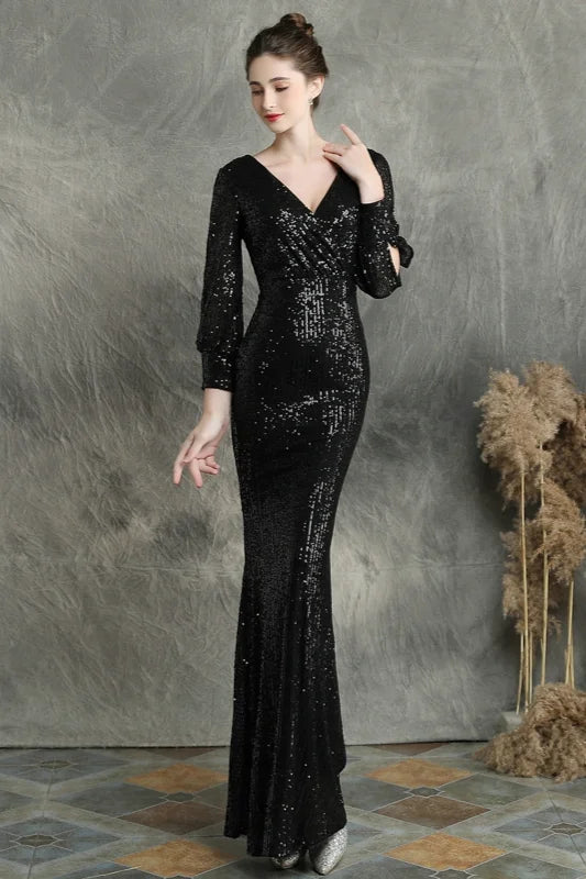 Stunning Long Sleeve Sequins Prom Dress Mermaid Evening Party Gowns-BallBride