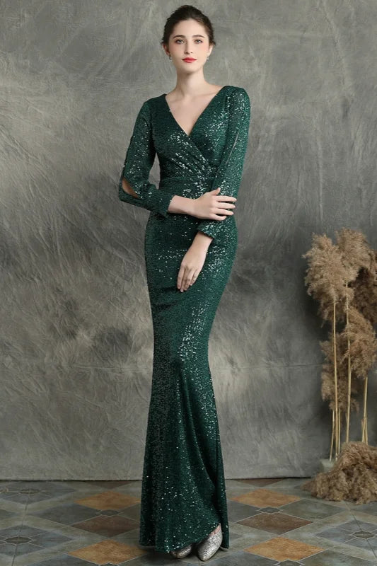 Stunning Long Sleeve Sequins Prom Dress Mermaid Evening Party Gowns-BallBride