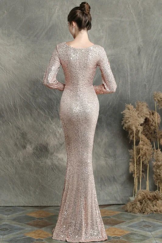 Stunning Long Sleeve Sequins Prom Dress Mermaid Evening Party Gowns-BallBride