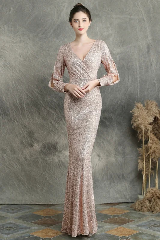Stunning Long Sleeve Sequins Prom Dress Mermaid Evening Party Gowns-BallBride