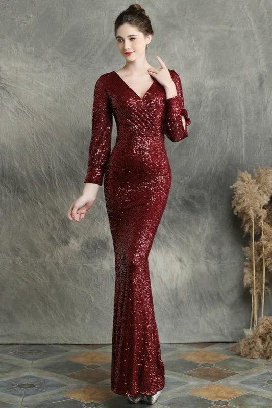 Stunning Long Sleeve Sequins Prom Dress Mermaid Evening Party Gowns-BallBride