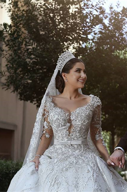 Stunning Long Sleeves Ball Gown Wedding Dress With Beads Lace Appliques-BallBride