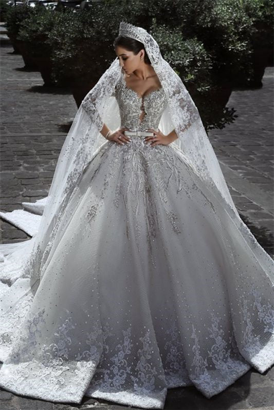 Stunning Long Sleeves Ball Gown Wedding Dress With Beads Lace Appliques-BallBride