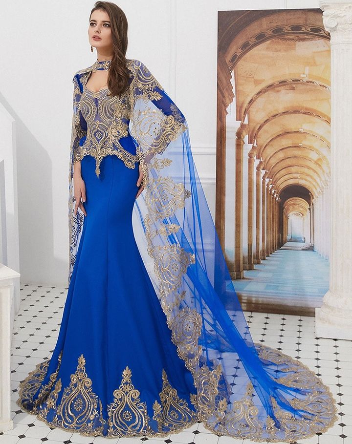 Stunning Long Sleeves Mermaid Prom Dress with Gold Appliques Cape-BallBride