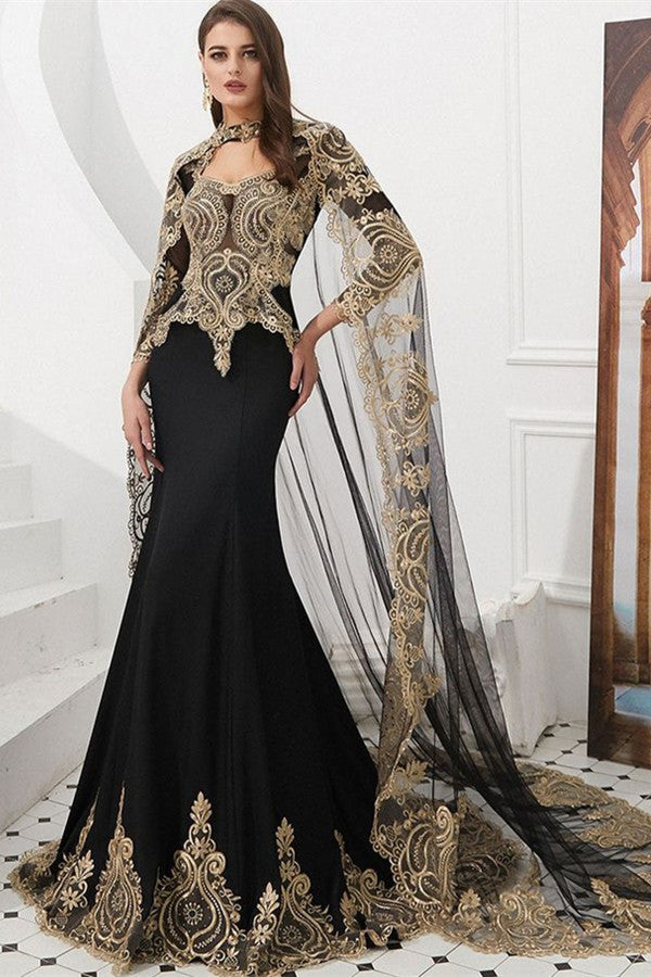 Stunning Long Sleeves Mermaid Prom Dress with Gold Appliques Cape-BallBride