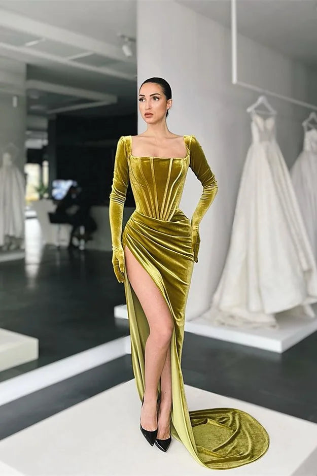 Stunning Long Sleeves Square Evening Dress With Slit-BallBride