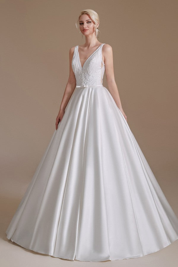 Stunning Long V-Neck Wedding Dress with Lace Appliques-BallBride
