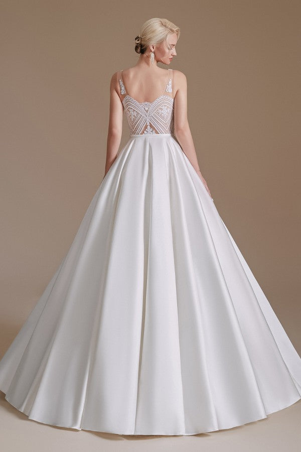 Stunning Long V-Neck Wedding Dress with Lace Appliques-BallBride