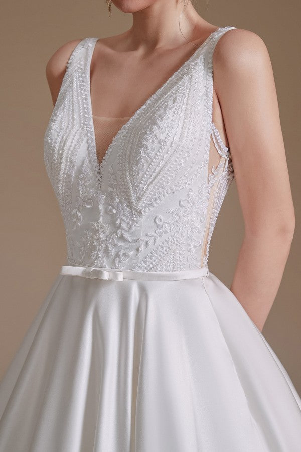 Stunning Long V-Neck Wedding Dress with Lace Appliques-BallBride