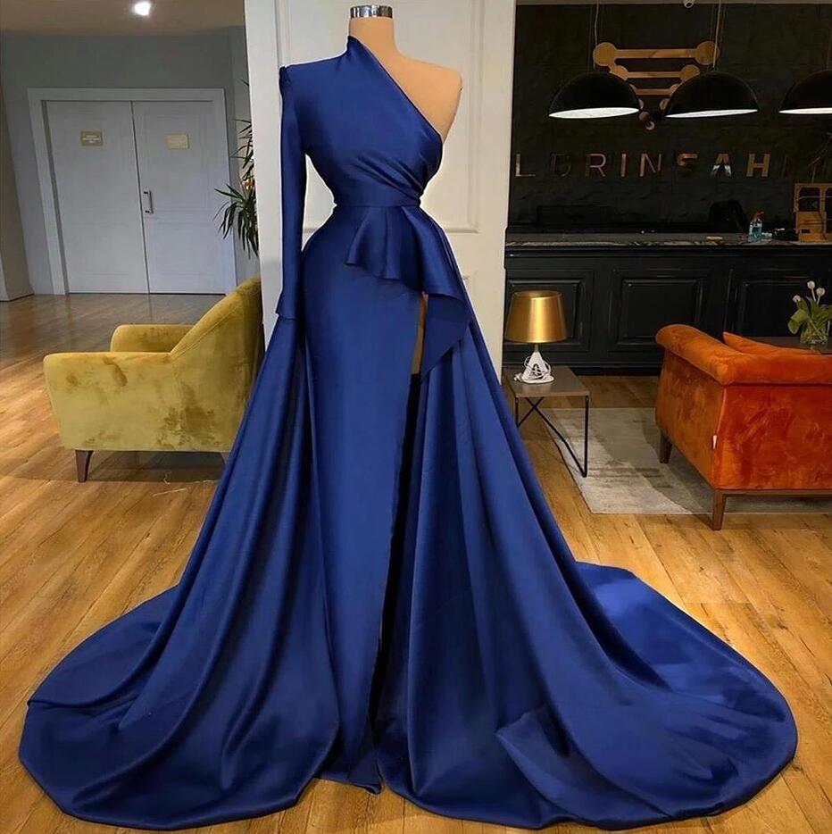 Stunning Mermaid Dark Blue Prom Dress with Long Sleeves and Split-BallBride