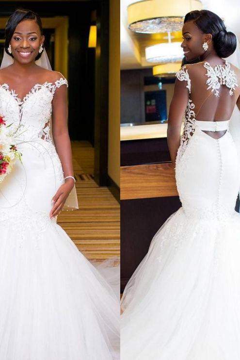 Stunning Mermaid Long Wedding Dress with Cap Sleeves and Lace Appliques-BallBride