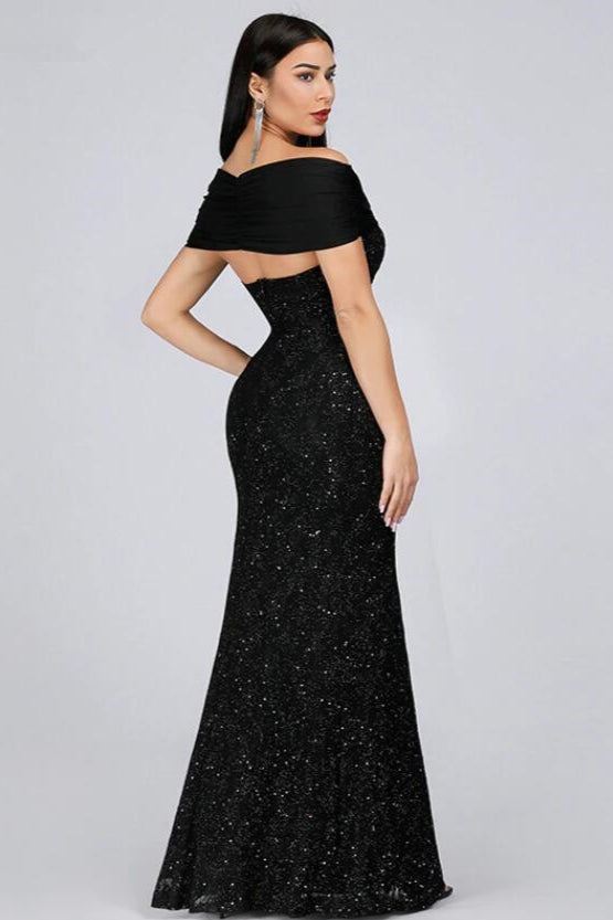 Stunning Off-the-Shoulder Black Evening Gown with Mermaid Sequins | Prom Dress Online-BallBride